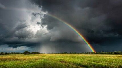 A vivid rainbow arches across a dramatic dark stormy sky above a vast grassy meadow intense weather phenomena © khumthong