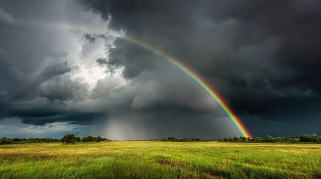 A vivid rainbow arches across a dramatic dark stormy sky above a vast grassy meadow intense weather phenomena