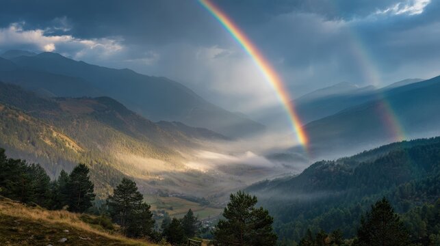 Spectacular double rainbow spanning a misty dark mountain valley with dramatic sunbeams through the clouds