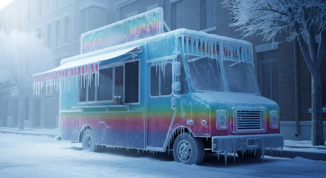 Rainbow colored food truck covered in ice and icicles parked on a snowy, frozen city street. Winter urban landscape concept for cold weather.