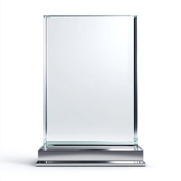 Tall vertical transparent glass award plaque featuring a sleek reflective metallic silver pedestal