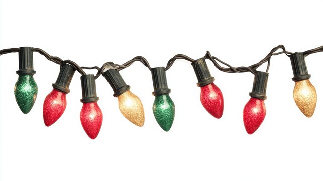 A horizontal strand of illuminated holiday string lights features glittery red green and gold C9 bulbs