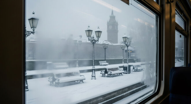 View from a train window of a snowy city with a clock tower and lamp post. Urban landscape during winter. Travel concept.