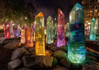 Illuminated crystal garden shines at night