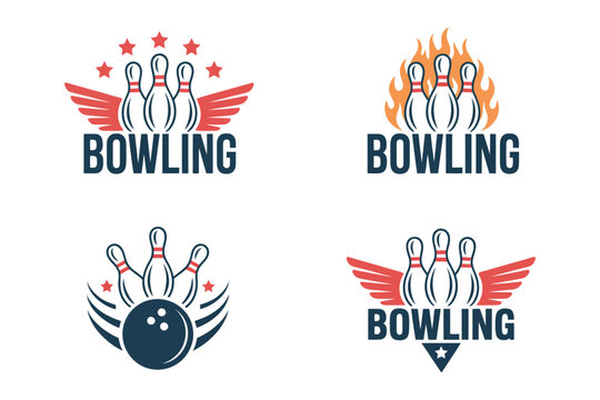 A collection of bowling-themed logos featuring pins, balls, wings, stars, and flames, representing the sport and its competitive spirit.