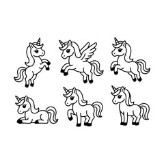 Variety of playful unicorn illustrations featuring different poses and styles perfect for children s art projects and decorations
