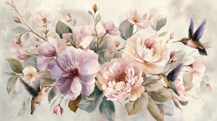 Pastel floral illustration of a tranquil garden bouquet with hummingbirds