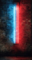 Glowing vertical light on brick; half red, half blue