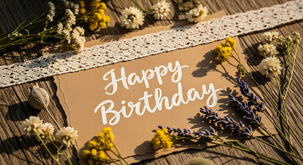 A rustic Happy Birthday card with dried wildflowers, lavender, and a lace ribbon on a wooden background.