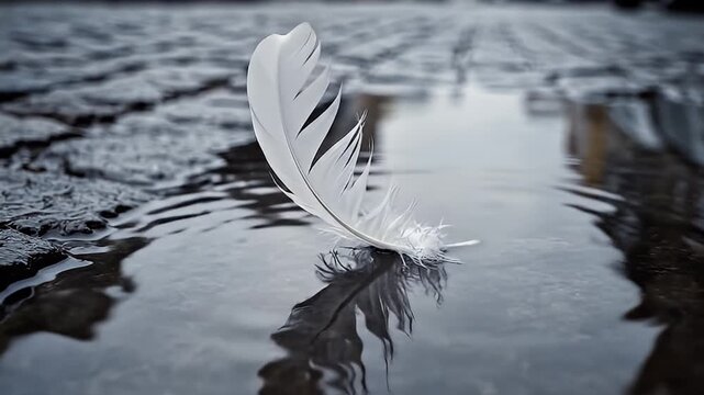 A white feather lying on a wet reflective surface with a blurred background creating a peaceful and serene atmosphere