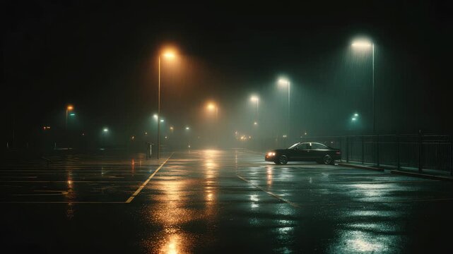 Rainy night in an empty parking lot with a solitary car under streetlights