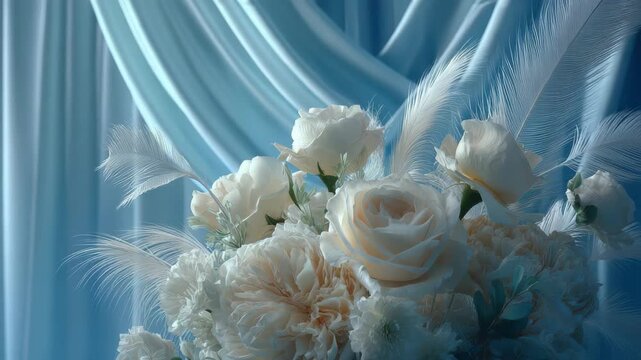 Soft white flowers arranged elegantly against a light blue backdrop with delicate textures
