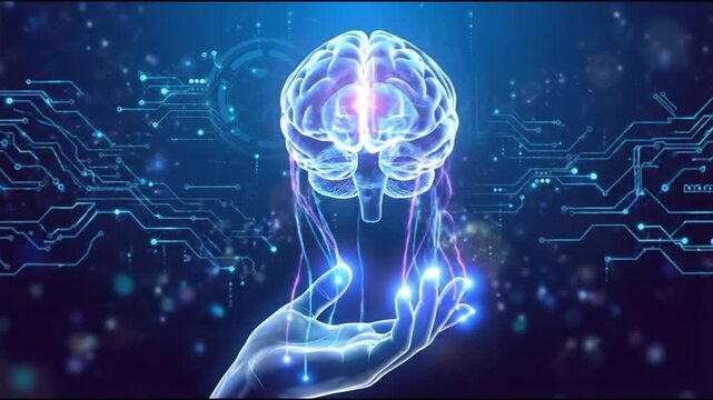 Digital wireframe hand holding glowing brain with circuit board background