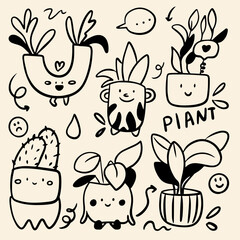 Hand-Drawn Flowers in Pots with Faces