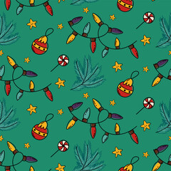 Christmas seamless pattern with festive elements. Seamless Christmas pattern featuring ornaments, pine branches, stars, berries, and holiday icons perfect for wrapping paper, textiles, packaging, and 