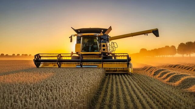 Golden sunrise illuminates combine harvester harvesting ripe wheat field agricultural machinery