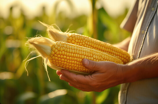 Farmer hands holding fresh corn cobs from harvest