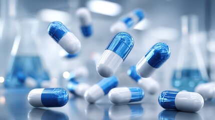 Pharmaceutical pills in motion over a scientific lab backdrop