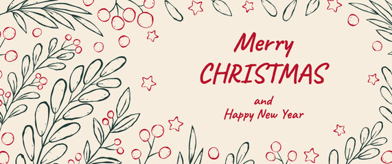 Festive Christmas banner with winter plants, berries and stars in retro sketch ink style. Flat vector illustration with typography. Perfect for background, label, cover, invitation