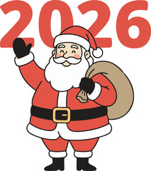 Santa claus waving and holding a sack with the year 2026 above him