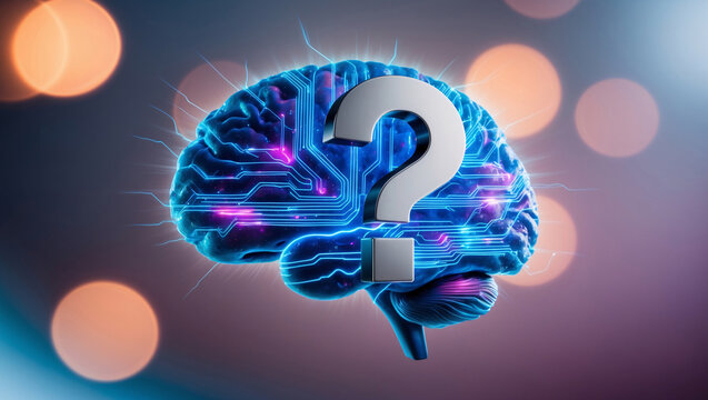 AI development concept with glowing blue brain and silver question mark representing curiosity and innovation