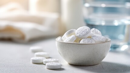 Fototapeta premium Photograph of round white antacid tablets with mint flavor scattered beside a water glass