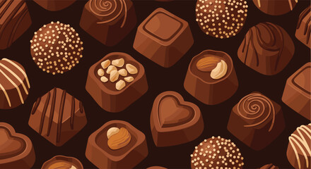 Fototapeta premium A delightful seamless pattern showcasing an assortment of rich chocolate pralines and truffles with diverse toppings on a dark background.