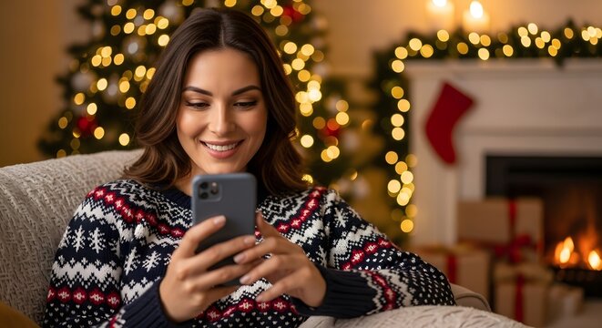 Happy caucasian woman holding smartphone, checking social media or messaging friends during Christmas holidays. Holiday season concept for technology and remote connection. - Powered by Adobe