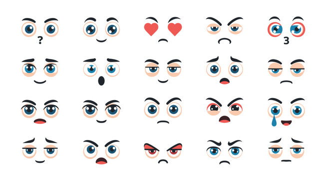 A diverse collection of cartoon facial expressions depicting a wide range of human emotions and moods, perfect for avatars or emojis.