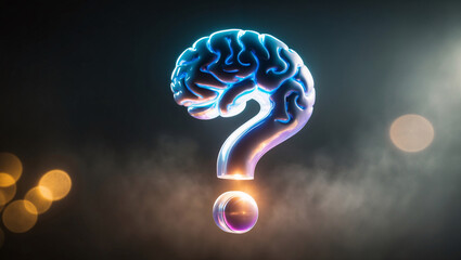 AI brain shaped like question mark floats in dark smoky background, inviting curiosity and exploration of intelligence