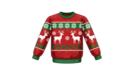 Green-red Christmas sweater with reindeer pattern.