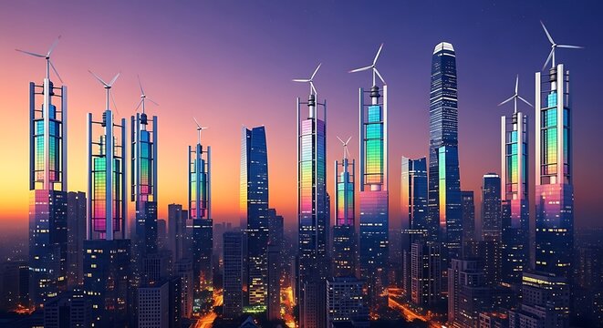 Futuristic Cityscape with Wind Turbines on Skyscrapers for Sustainable Energy - Powered by Adobe
