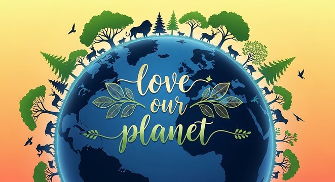 Love our planet earth day concept with animals and trees silhouette on world globe background design. ecological environment vector image. (152) - Powered by Adobe