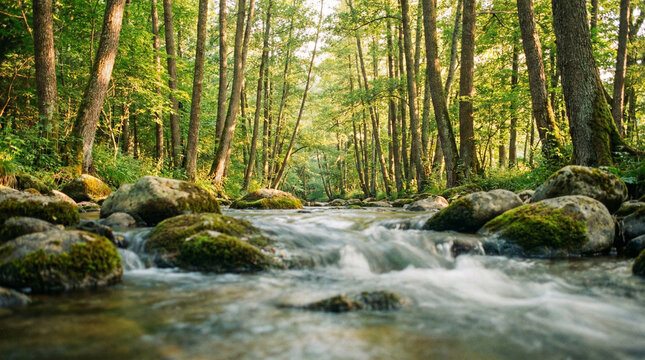 A vibrant forest scene with a clear stream cascading over moss-covered rocks, bathed in dappled sunlight. - Powered by Adobe
