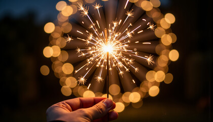 Hand holding sparkler with bokeh fireworks in background at night  