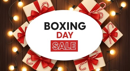 Boxing day sale with gifts and string lights