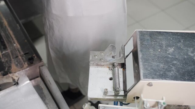 Factory Worker Sealing Bread Loaf In Plastic Wrap. Bakery production.