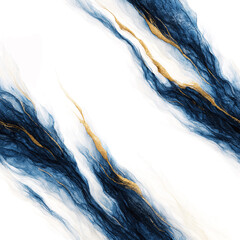 Abstract blue and gold watercolor fluid painting background. Luxury marble texture with golden lines on white. Modern art ink alcohol splash for wedding invitation or social media template.