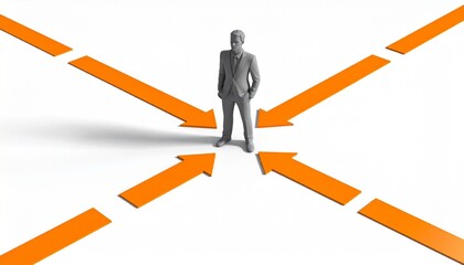 3D figure in business suit surrounded by large orange arrows pointing inward from multiple directions.
