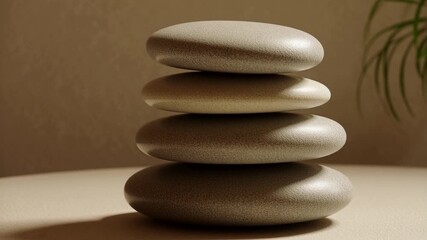 Zen stones balanced in calming motion, perfect for spa or wellness videos showing peacefulness and relaxation, promoting mindfulness and a sense of calm