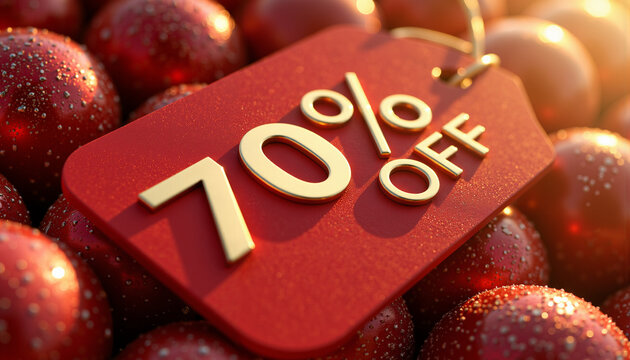 Red discount tag with 70 percent off on shiny festive ornaments  