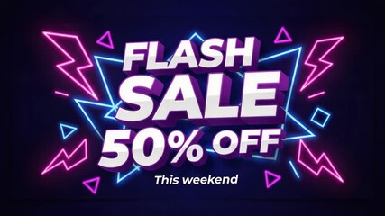 Neon Flash Sale 50 Percent Off Weekend Promotion Dynamic Lighting Geometric Shapes Vibrant Energy