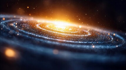 A vibrant, swirling galaxy with a bright, glowing core and a spiral arm structure, set against a dark, star-filled expanse. The image features a dramatic contra