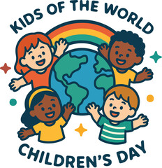 Diverse children celebrating around the earth with rainbow and stars kids world