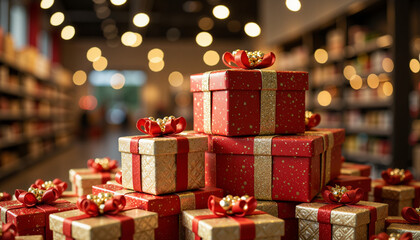 Gift boxes stacked under bright store lights during Boxing Day sale, modern style  