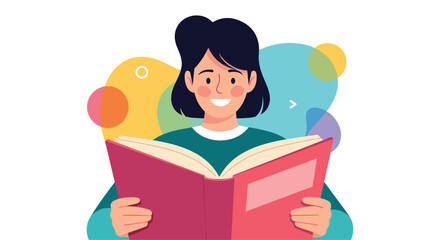 Happy young woman smiling while reading an open book with a colorful abstract background representing imagination and learning.