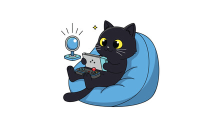 Cute cartoon black cat gamer sitting on a blue bean bag chair playing a handheld video game console with a webcam nearby.