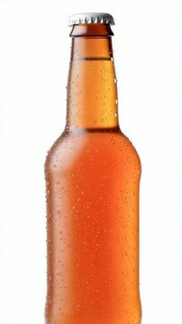 Cold amber beverage bottle with condensation on glass against white background