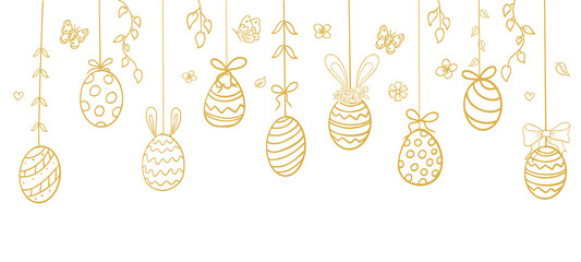 Easter eggs golden hanging horizontal garland, eggs with rope, bows, decorations, leaves and butterfly ornament. Holiday line hand drawn doodle sketch border. 