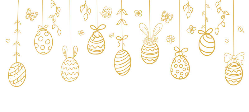 Easter eggs golden hanging horizontal garland, eggs with rope, bows, decorations, leaves and butterfly ornament. Holiday line hand drawn doodle sketch border. 